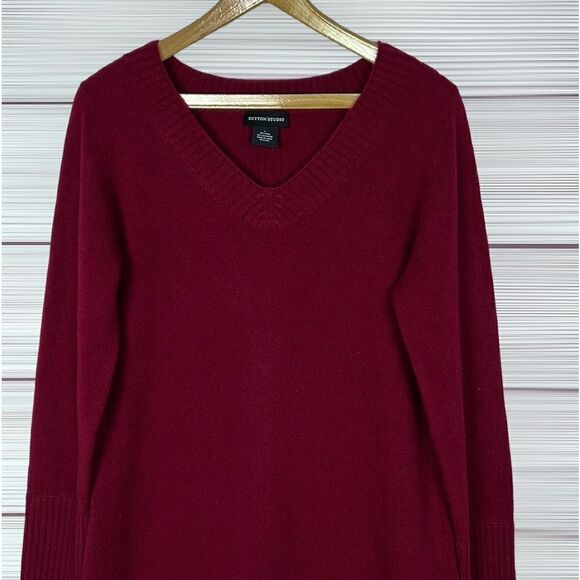 Sutton Studio Burgundy Wool Cashmere Blend Sweater Dress V-neck size L - Picture 2 of 13